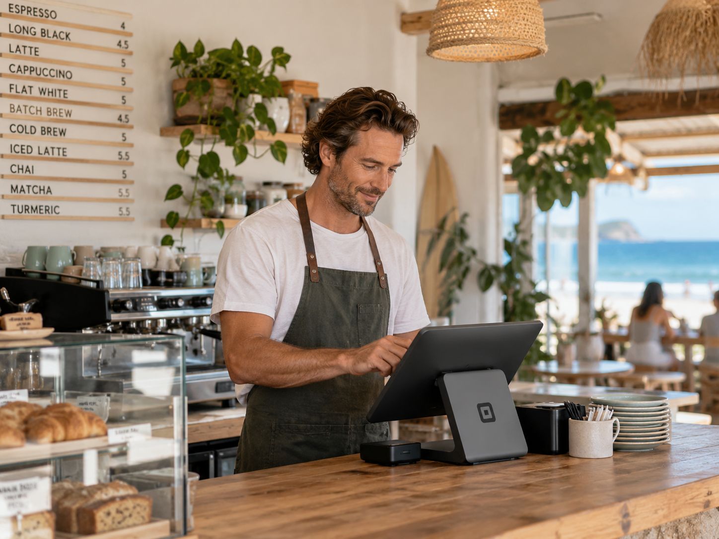 A café owner using a tablet point-of-sale at the counter, with the beach behind him