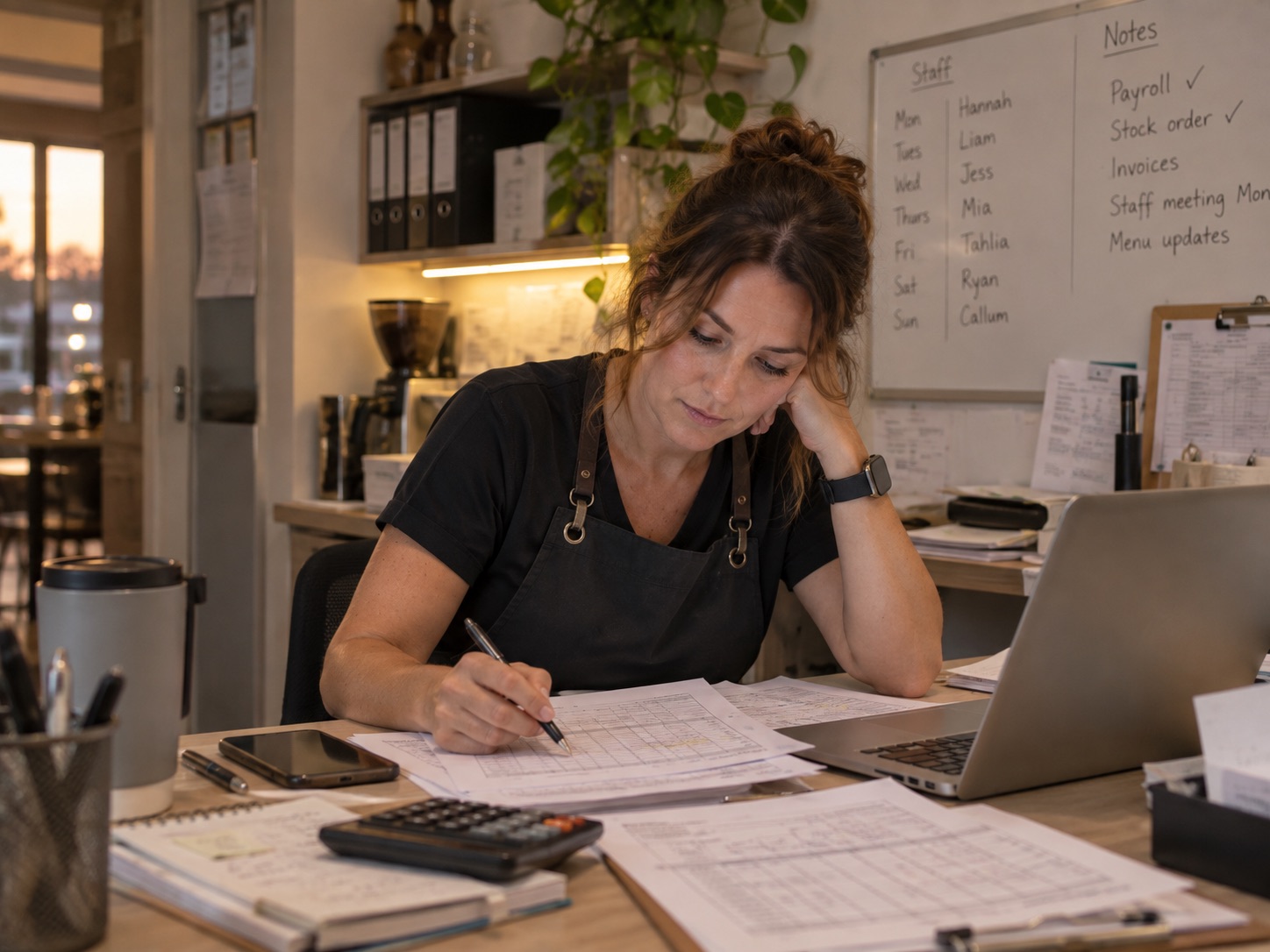 A café owner working through paperwork at a desk in the back office