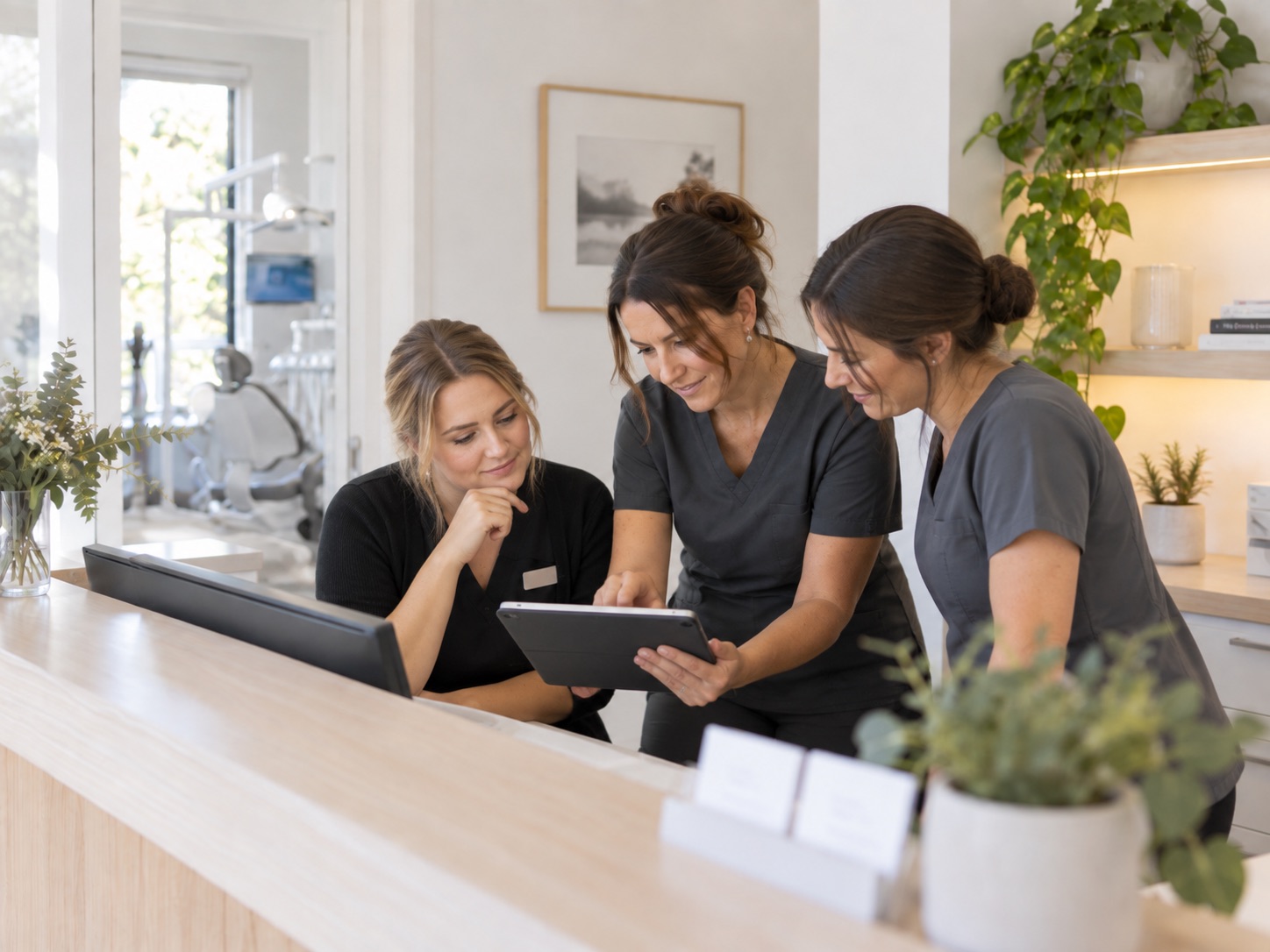 Three staff at a front desk looking at a tablet together