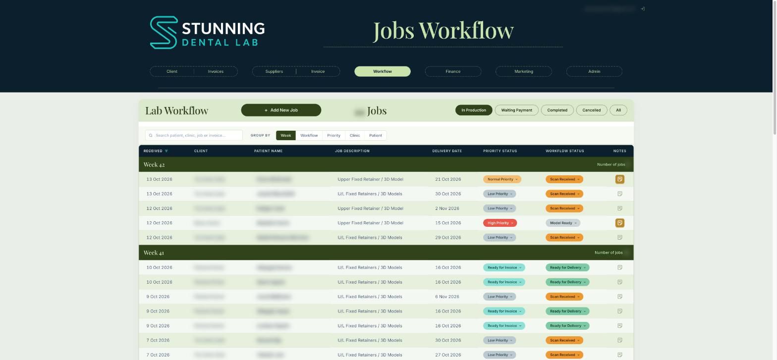Stunning Dental Lab jobs workflow screen, with patient and clinic names blurred