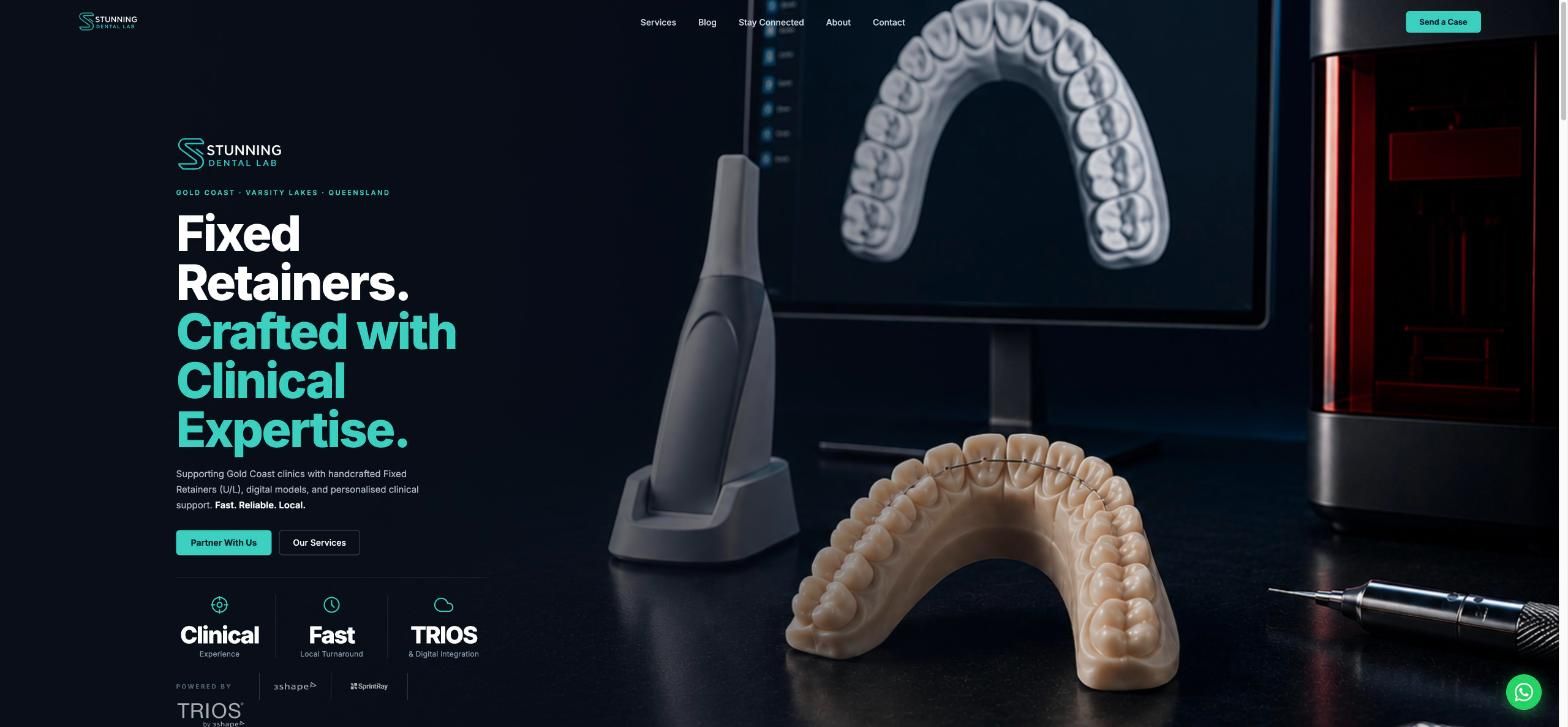 Stunning Dental Lab website home page: 'Fixed retainers. Crafted with clinical expertise.'